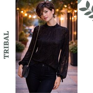 Tribal Black Flocked Velvet Blouse XS Boho Chic Extra Small